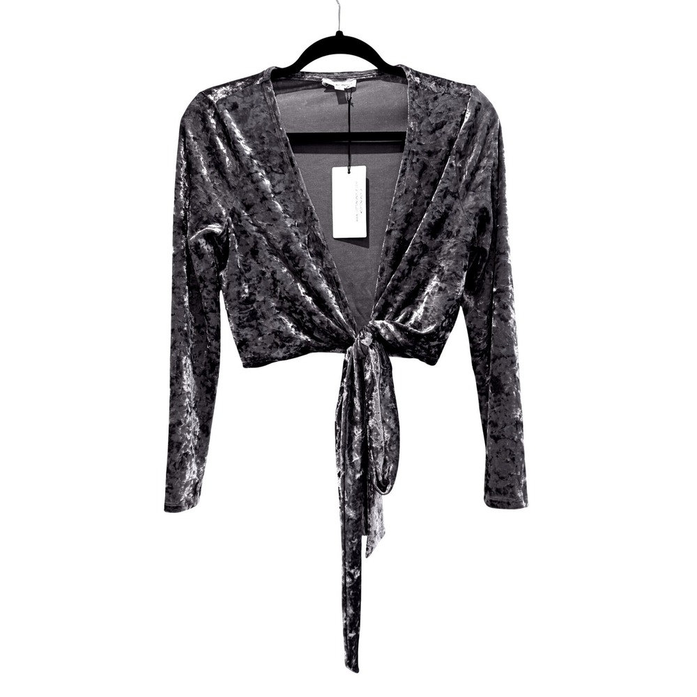 Cotton Candy LA Pewter Gray Crushed Velvet Tie Front Cropped Wrap Top CT-8410 M